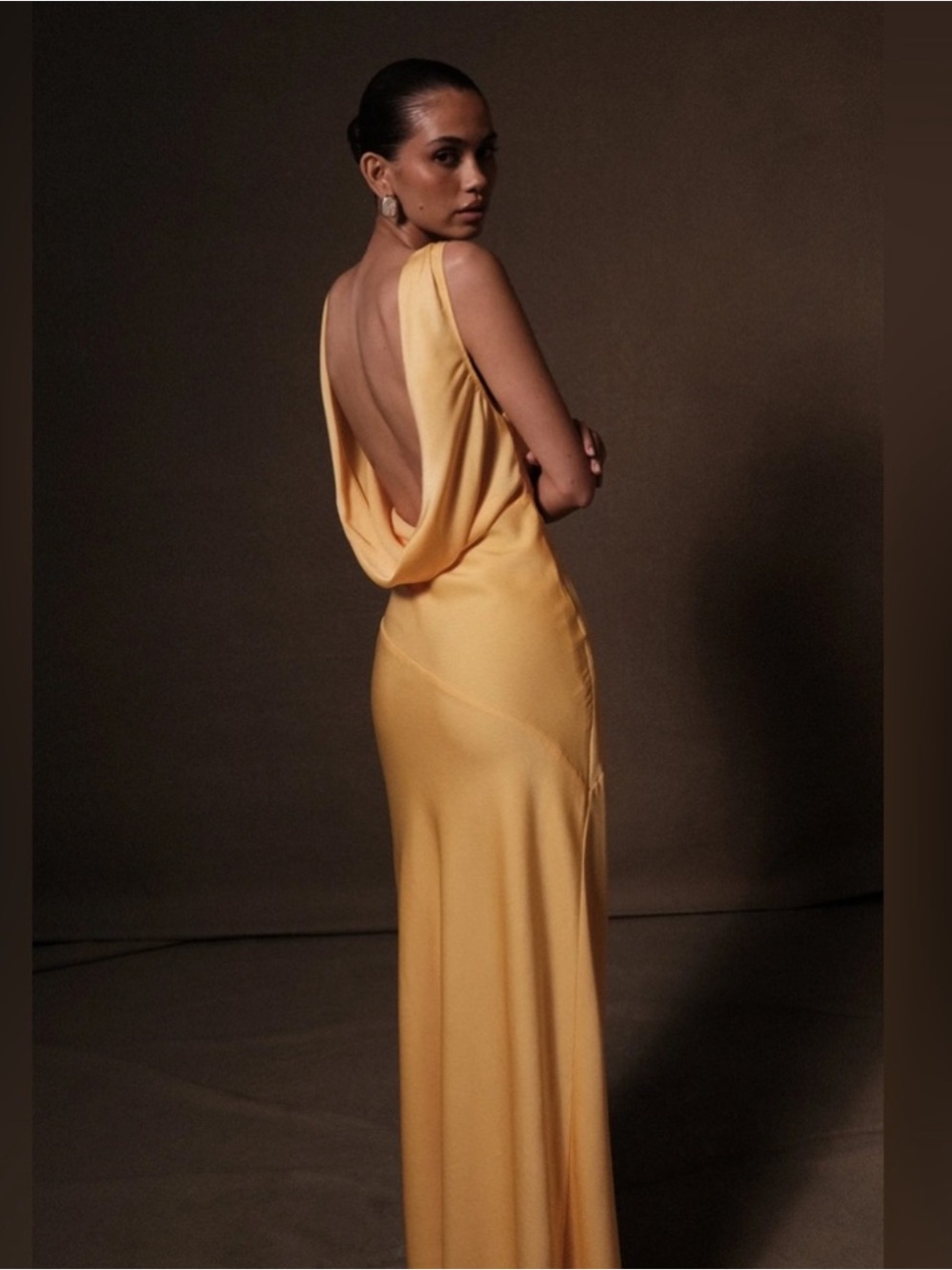 Meshki Golden Yellow Satin Maxi Dress with Cowl Back